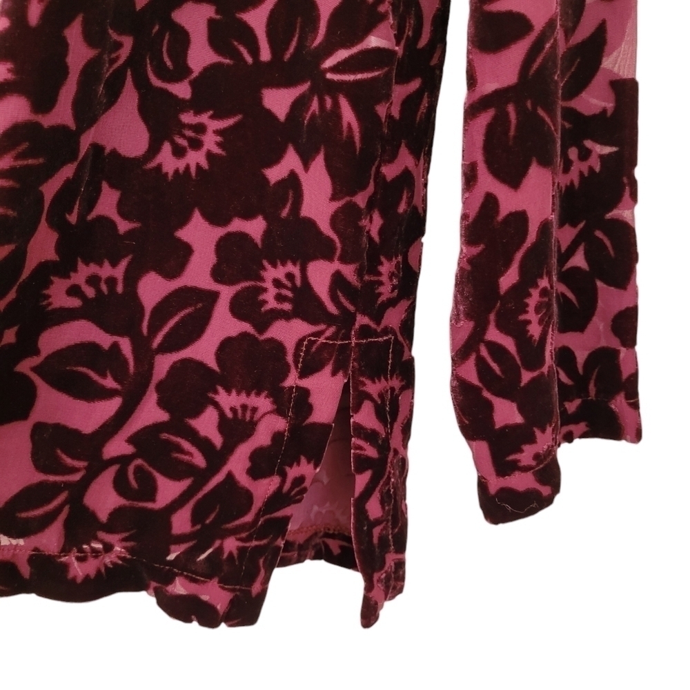 Burgundy Velvet Burnout Blouse Floral Design Asian Inspired Mandarin Collar - Picture 7 of 10